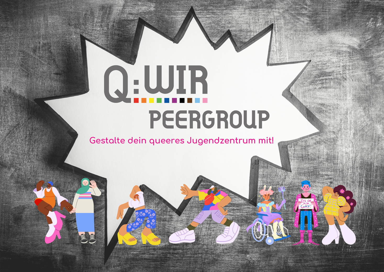 Flyer der Q:WIR-Peergroup mit dem Text "Gestalte dein queeres Jugendzentrum mit!".